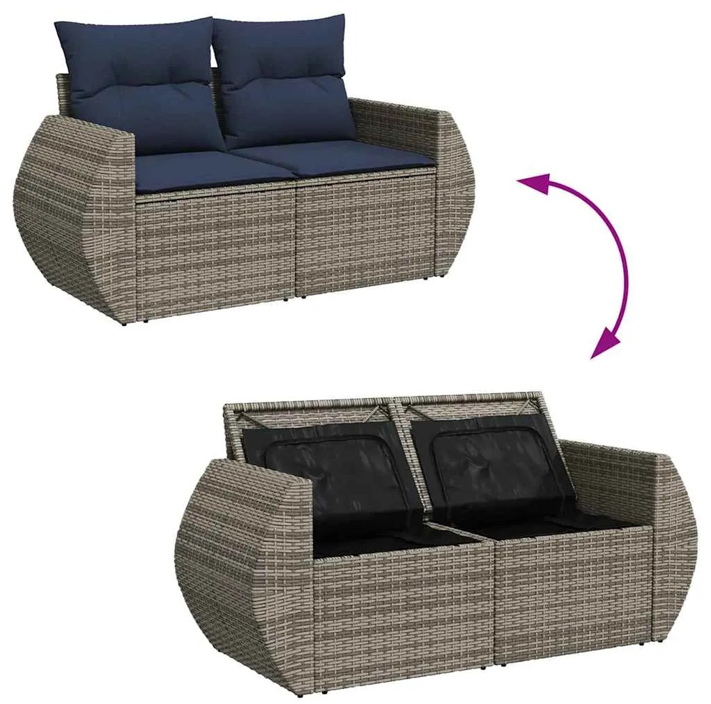 9 pcs conjunto sofás p/ jardim com almofadões vime PE cinzento