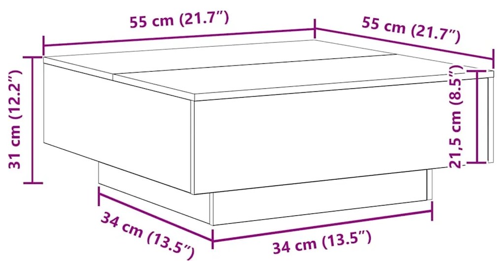 Mesa de Centro vidaXL com Luzes de LED Carvalho Artesanal 80x80x31 cm