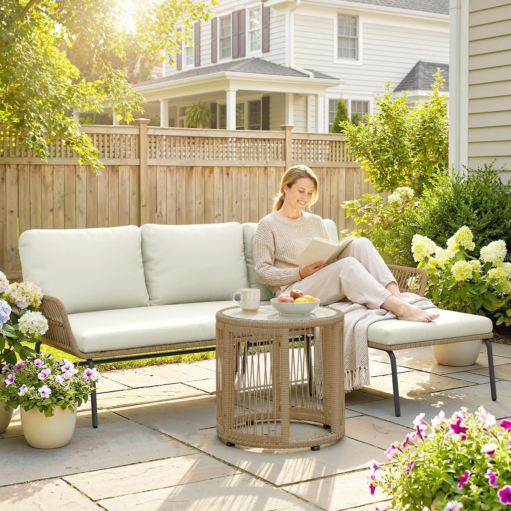 Conjunto de Móveis de Jardim Exterior em Ratã com Sofá de 2 Lugares Chaise Longue Almofadas e Mesa Creme