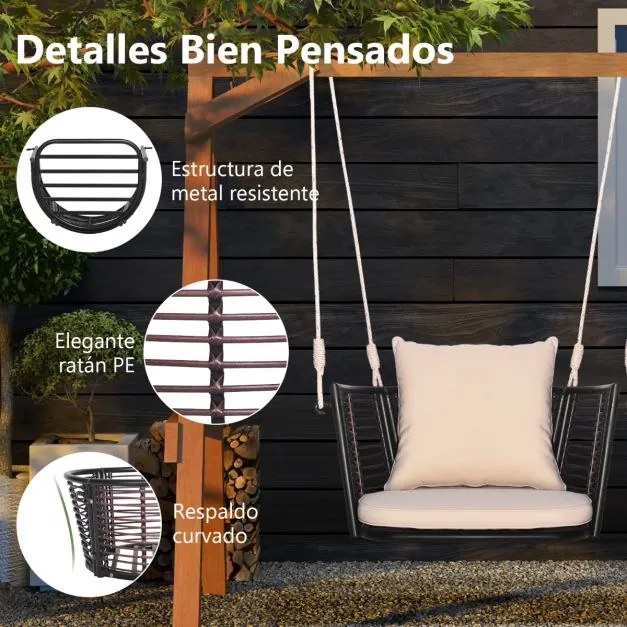 Baloiço de metal para 1 pessoa com encosto em rattan tecido 2 cordas suspensas Almofadas de assento Encosto para varanda Bege e castanho