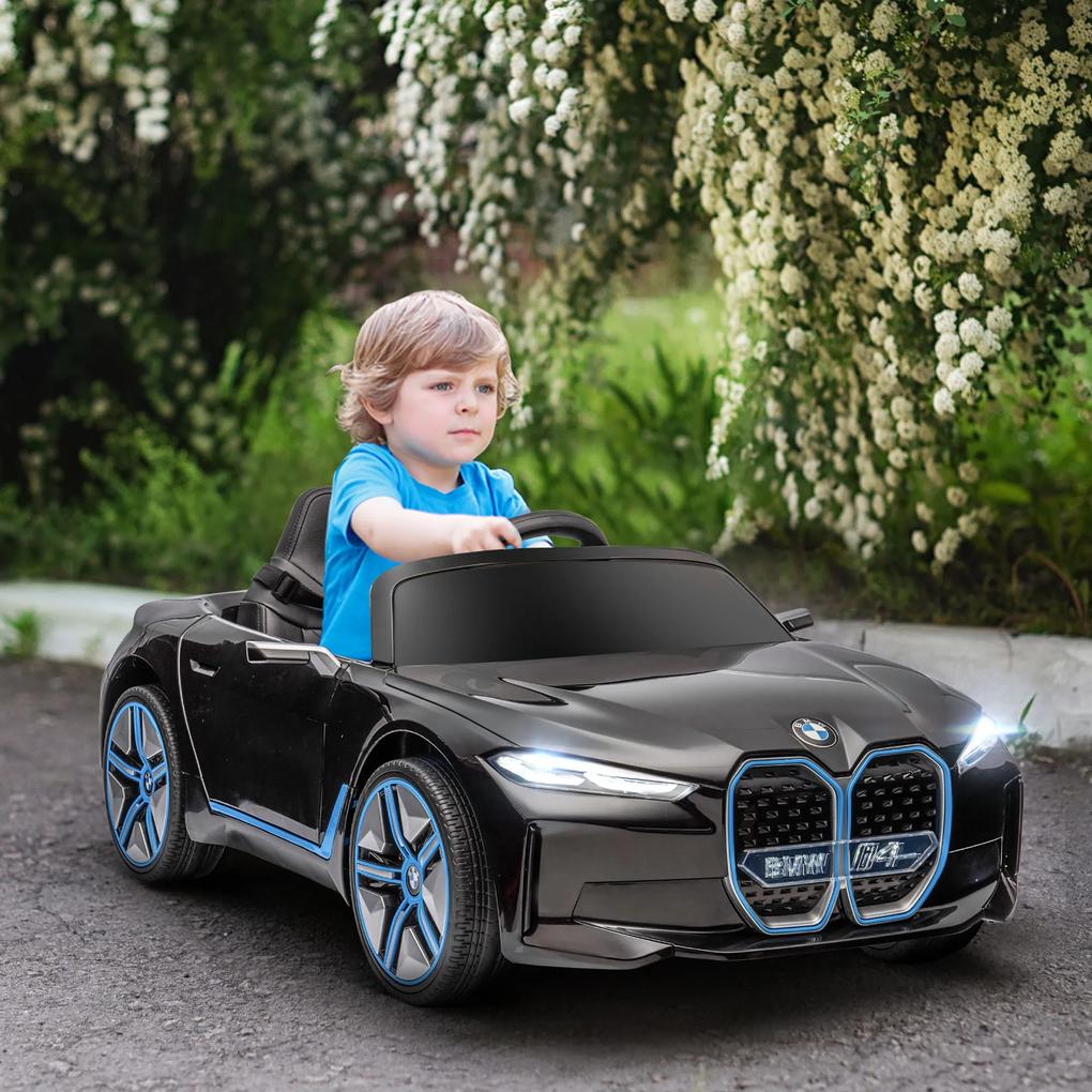 Carro Elétrico para Crianças BMW i4 12V com Controlo Remoto Música MP3 Ecrã Luzes e Cinto de Segurança 115x67x45 cm Preto