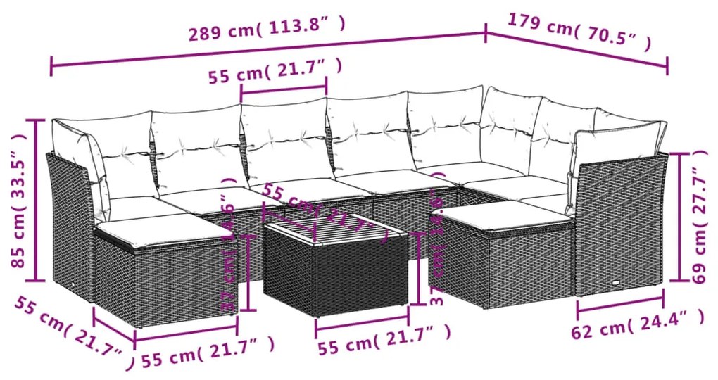 10 pcs conjunto sofás de jardim c/ almofadões vime PE cinzento