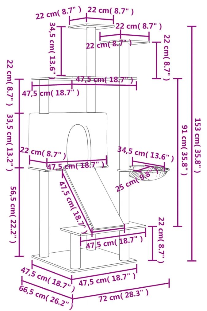 Árvore p/ gatos c/ postes arranhadores sisal 153 cm cinza-claro