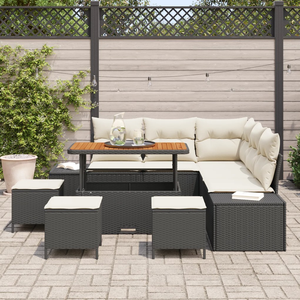 Conjunto de Sofá de Jardim VidaXL 9 Peças com Almofadas Preto Poli Rat