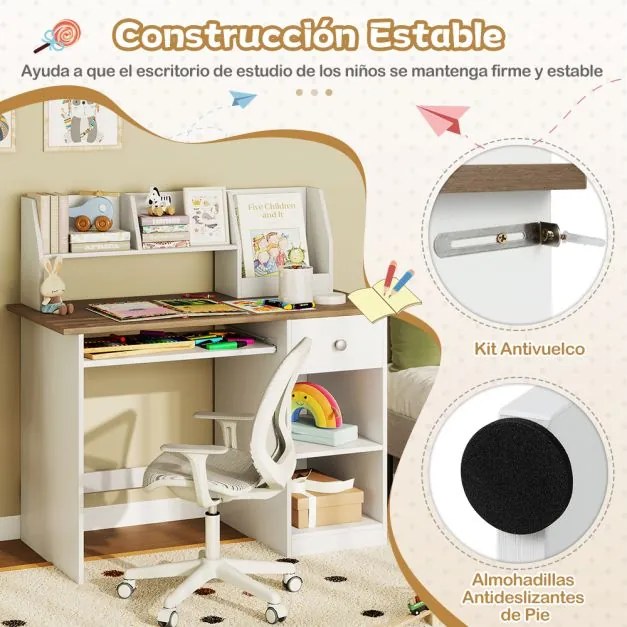 Secretária para crianças com bandeja para teclado, gaveta e estante multifuncional (CADEIRA NÃO INCLUIDA) Carvalho+Branco