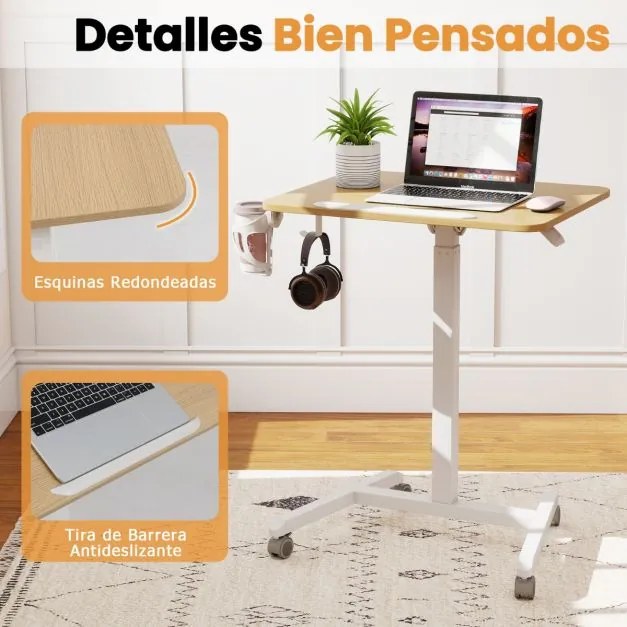Secretária dobrável com tampo inclinável 90° Altura ajustável com rodas universais Gancho e porta-copos 60 x 48 x 76-111 cm Natural