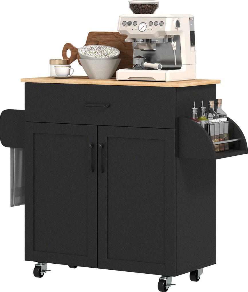 Carrinho de cozinha 105 x 36 x 85 cm em ilha com múltiplas opções de arrumação: gavetas, armário de 2 portas com prateleira ajustável, preto