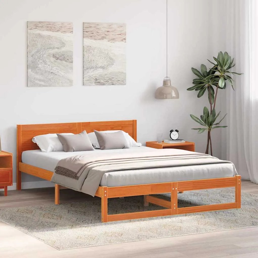 Estrutura de Cama Marrom Encerado Madeira 140 x 200 cm Simples