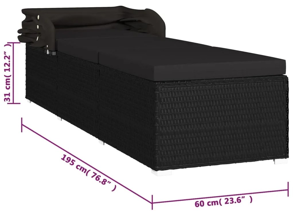 Espreguiçadeira com toldo e almofadão vime PE preto