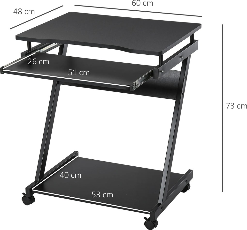 Secretária para Computador com Rodas 60x48 cm com Prateleira Deslizante para Teclado e Prateleira Inferior Estrutura Metálica Preto