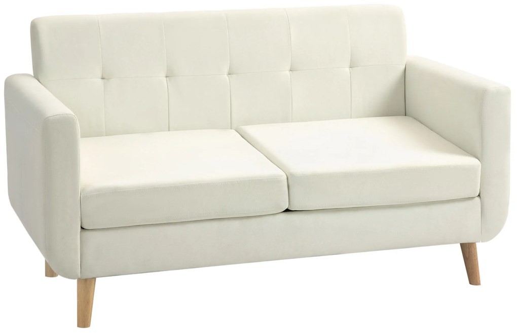 HOMCOM Sofá de 2 Lugares Estofado em Linho Sintético com Apoio para os Braços e Pés de Madeira Sofá Pequeno 138,5x70x75 cm Creme