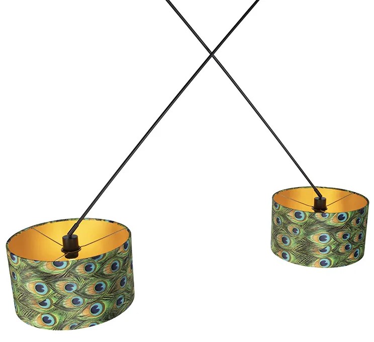 Candeeiro de suspensão preto com abajures de veludo azul-pavão com dourado 35 cm 2-luzes - Blitz Clássico / Antigo,Moderno