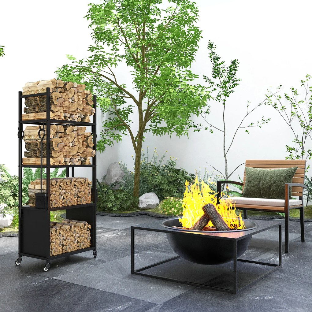 Suporte para Lenha com Rodas de 4 Níveis com Pá Escova Atiçador e Tenaz para Interior e Exterior 45x30x118 cm Preto