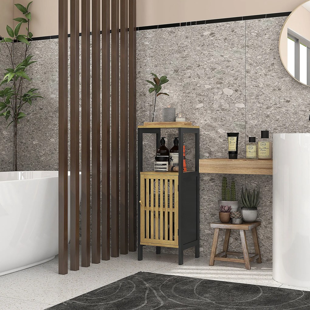 Móvel baixo de casa de banho 32 x 30 x 90,5 cm em bambu com armário de 1 porta e compartimento aberto, preto e cor madeira
