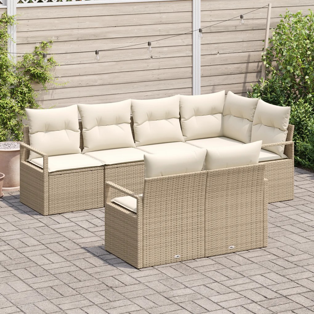 Conjunto de Sofá de Jardim vidaXL 7 Peças com Almofadas Bege Rattan Po