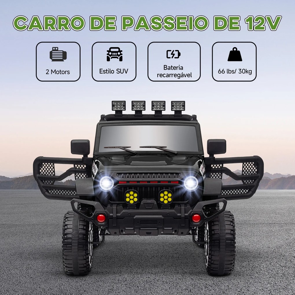 Carro Elétrico para Crianças com Bateria de 12V Controlo Remoto Bluetooth Faróis LED Buzina e Música 100x63x65 cm Preto