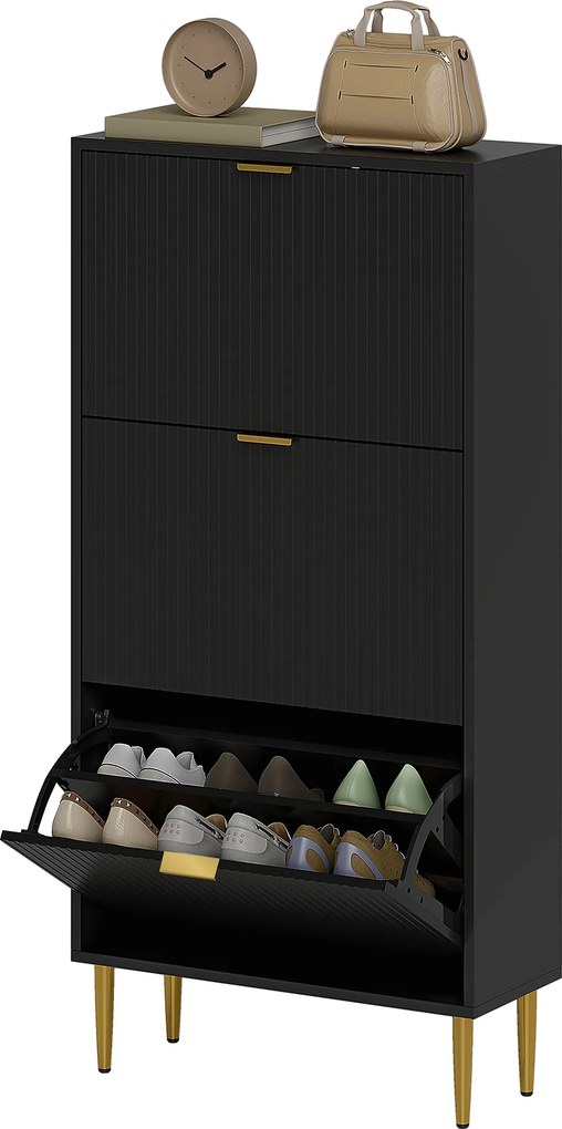 Sapateira com capacidade para 18 pares 60 x 24 x 122,5 cm, com 3 gavetas rebatíveis, portas caneladas e prateleiras ajustáveis, preto