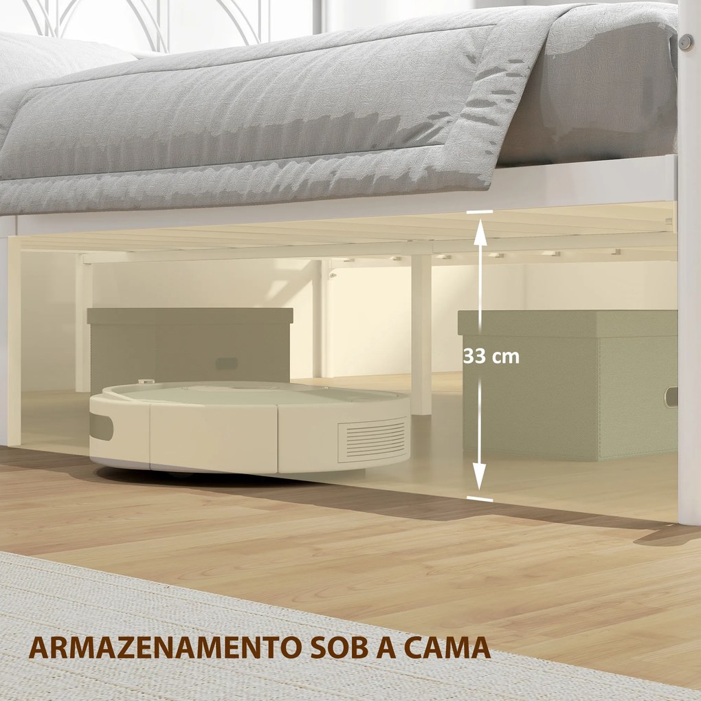 Cama de Casal com Cabeceira de Ripas de Aço (COLCHÃO NÃO INCLUIDO) e Espaço de Arrumação Debaixo da Cama Carga 330 kg 141,5x198x98 cm Branca