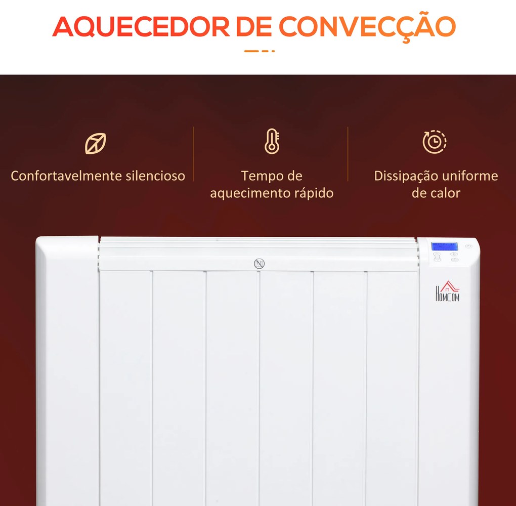 HOMCOM Aquecedor Elétrico 1500W Aquecedor Convector com Ecrã LCD 4 Modos Termostato Temporizador e 4 Rodas para Áreas de 12m² Alumínio 67x31x68cm Branco