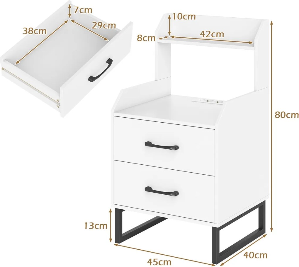 Mesa de cabeceira com estação de carregamento integrada, luzes LED, 2 gavetas e prateleira aberta para quarto, corredor ou sala, branca