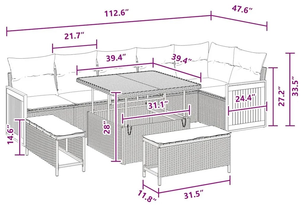 Conjunto de Sofás de Jardim de 9 Peças com Almofadas Rattan Preto Acác