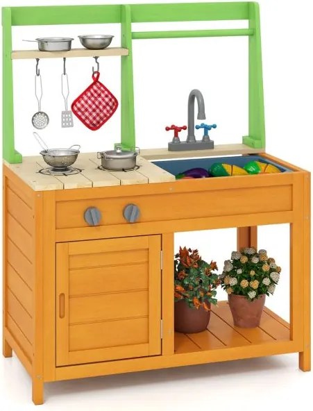 Cozinha para crianças ao ar livre 72 × 38 × 92 cm com fogões realistas, torneira, lava-louça, forno e acessórios de cozinha verde e amarelo
