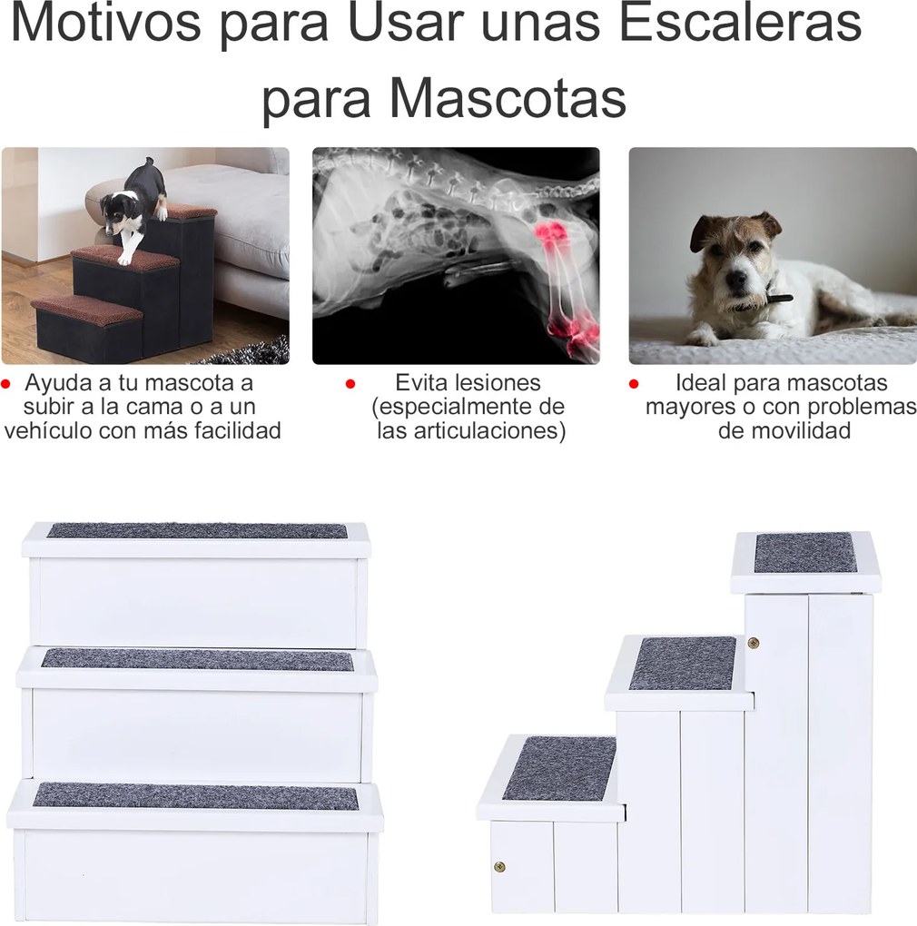 Escada para Animais de Estimação de 3 Degraus com Armazenamento e Tapete Antiderrapante 40,5x44,5x38 cm Branco