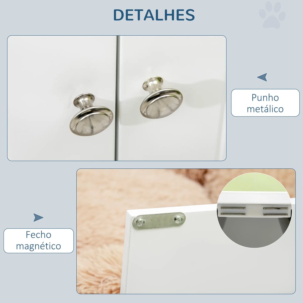 Comedouro Elevado para Cães Grandes com 2 Tigelas de 2000ml de Aço Inoxidável 2 Portas e Armazenamento 60x30x35,5cm Branco