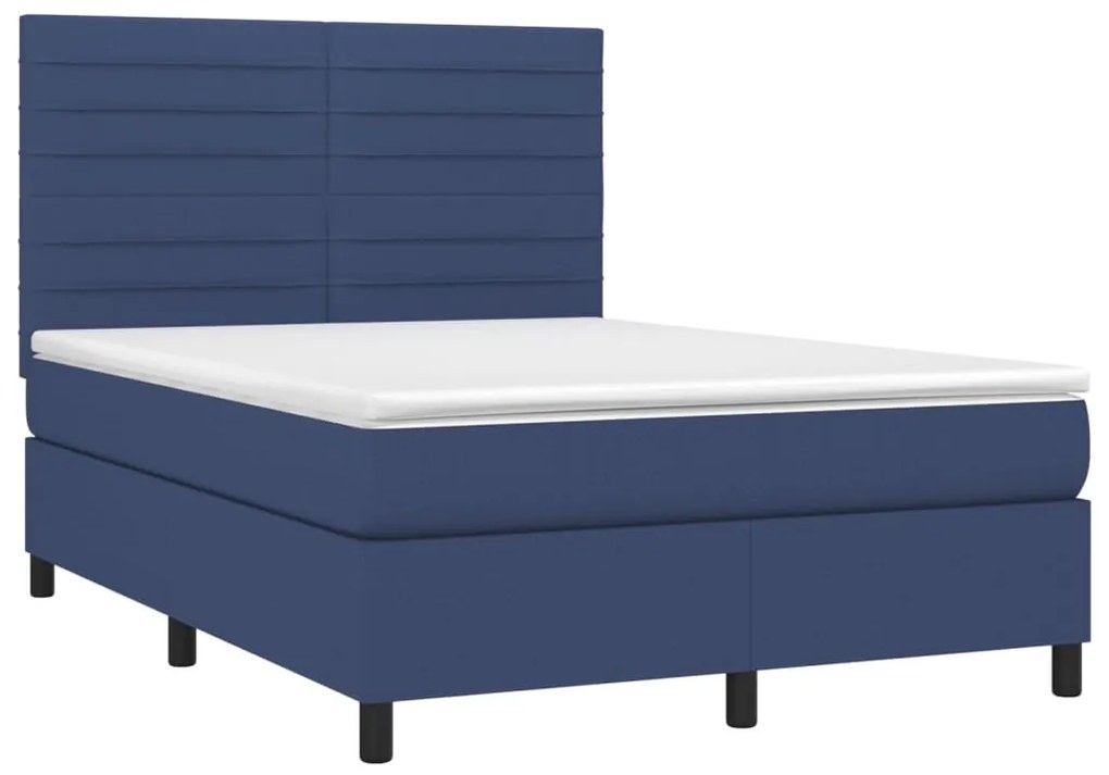 Cama box spring c/ colchão e LED 140x200 cm tecido azul