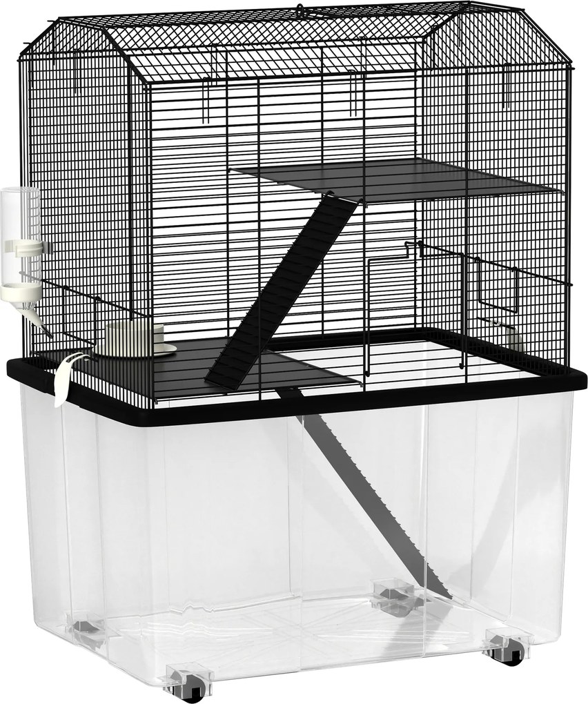 PawHut Gaiola para Hamster com Base Funda, Plataforma, Comedouro, Bebedouro, Rampa e Rodas 57x43x74 cm Preto | Aosom Portugal
