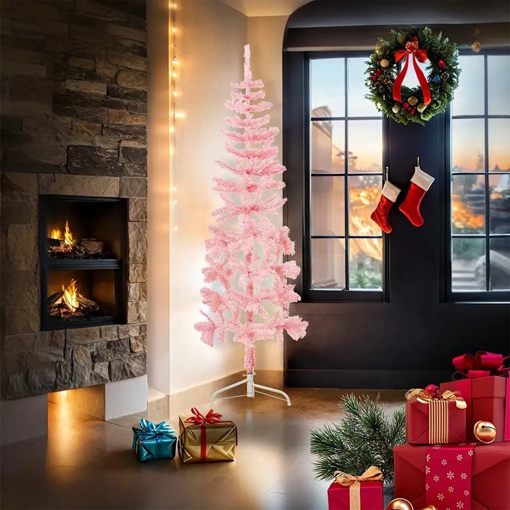 Meia árvore de Natal fina com suporte 180 cm rosa