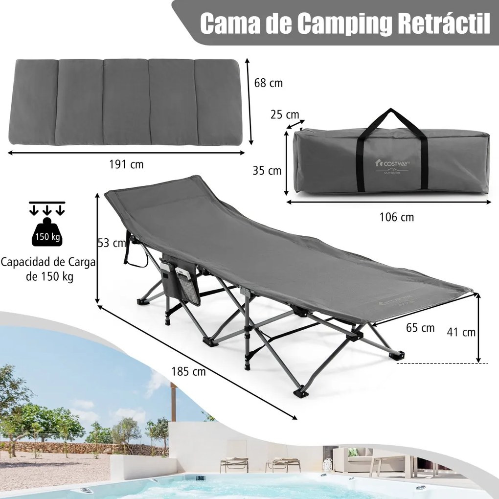 Cama de campismo de viagem dobrável com colchão e almofada amovíveis Capacidade de carga de 150 kg Espreguiçadeira portátil para adultos 185 x 65 x 41