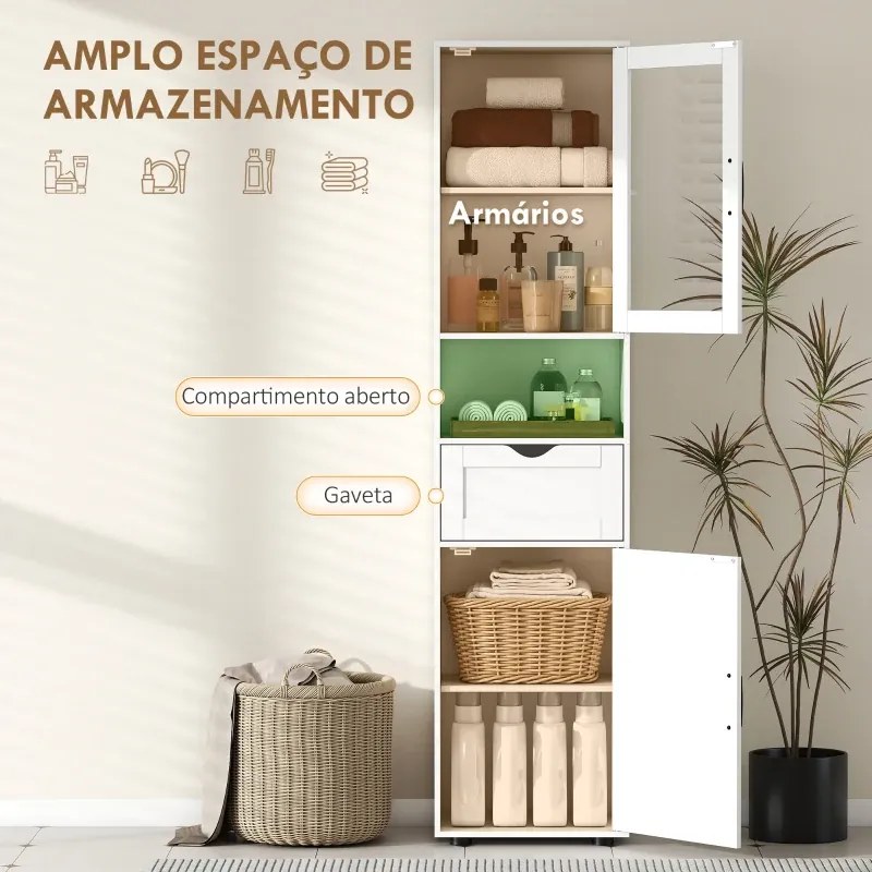 Coluna Casa de Banho ou armário de cozinha 40x30x165 cm com Porta de Vidro Prateleiras Ajustáveis Gaveta e Prateleira Aberta Branco
