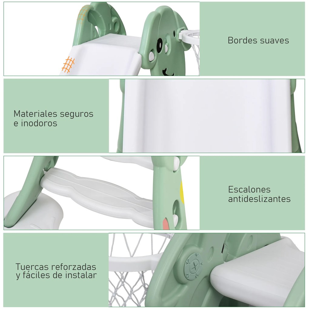HOMCOM Escorrega infantil para crianças acima de 2 anos com cesta de basquete Interior e exterior carga 25 kg Acessórios incluídos 160x35x68 cm Verde e Branco