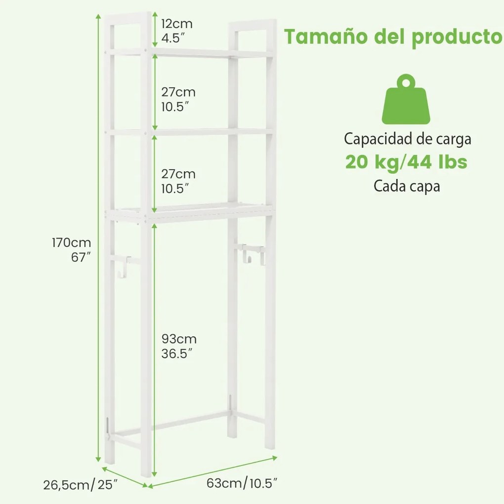 Estante casa de banho sobre a sanita de metal que economiza espaço com 3 ganchos e 3 níveis 63 x 26,5 x 170 cm Branco