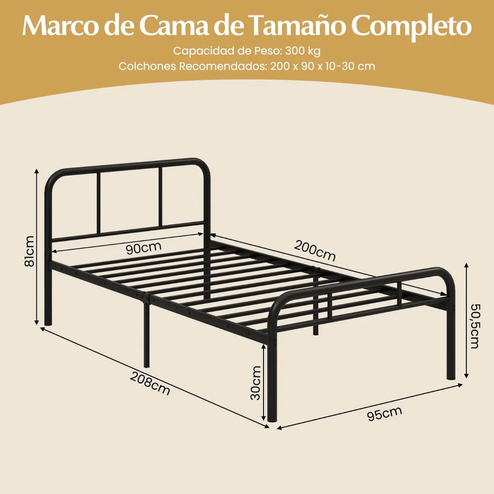 Cama 208 x 95 x 81 cm Estrutura metálica (COLCHÃO NÃO INCLUIDO) com cabeceira e pés Espaço inferior Preto