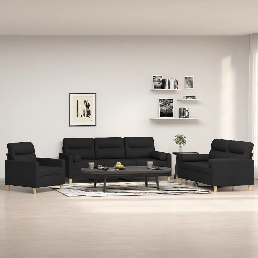 vidaXL 3 pcs conjunto de sofás c/ almofadões tecido preto
