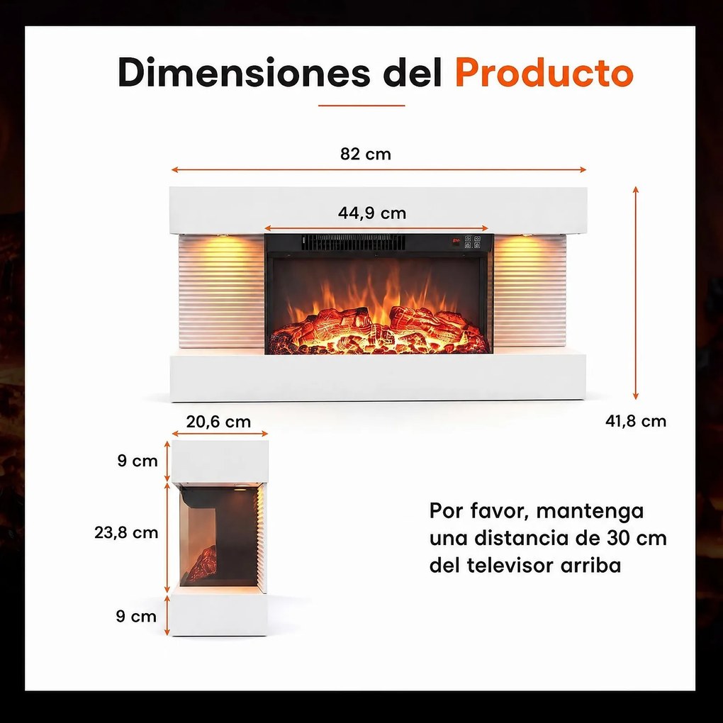 Lareira Elétrica de Parede com Vista por Três Lados, 82 x 20,6 x 41,8 cm, Controlo por Wi-Fi, Branco