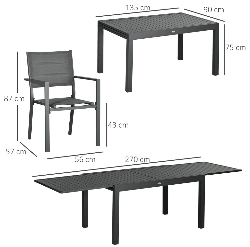 Outsunny Conjunto Móveis de Jardim 9 Peças Conjunto de Refeição para Varanda com Mesa Extensível 8 Cadeiras Empilháveis Estrutura de Alumínio e Assento de Textilene 135-270x89x74cm Cinza