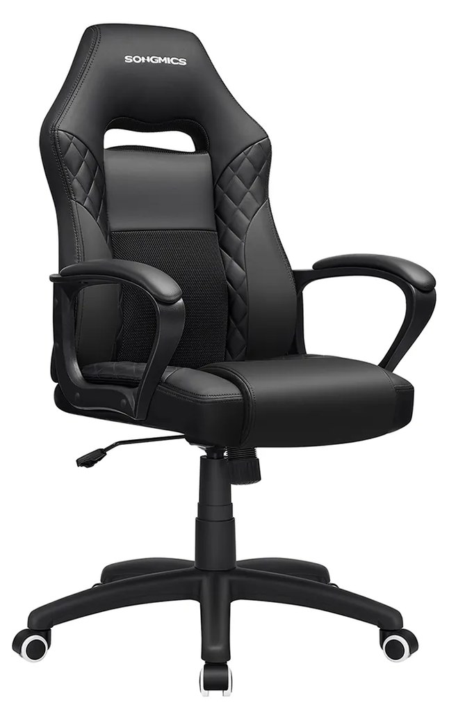 Cadeira de escritório SONGMICS Racing Sport com função de inclinação, mesa de computador giratória, PU preta, OBG38BK