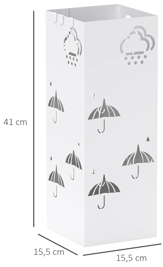 Suporte para Guarda Chuva de Aço com 4 Ganchos e Bandeja de Gotejamento Amovível 15,5x15,5x41 cm Branco