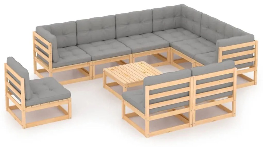 10 pcs conjunto lounge de jardim com almofadões pinho maciço