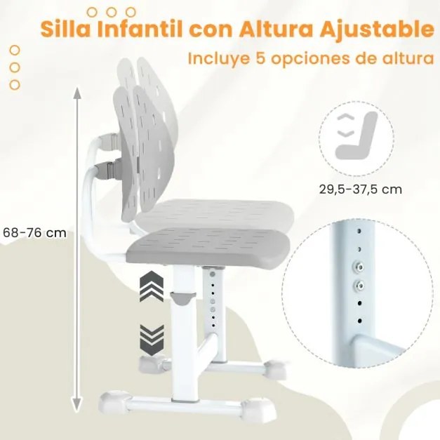 Cadeira de escritório para crianças com altura ajustável em 5 posições, encosto duplo, assento respirável e estrutura metálica cinzenta