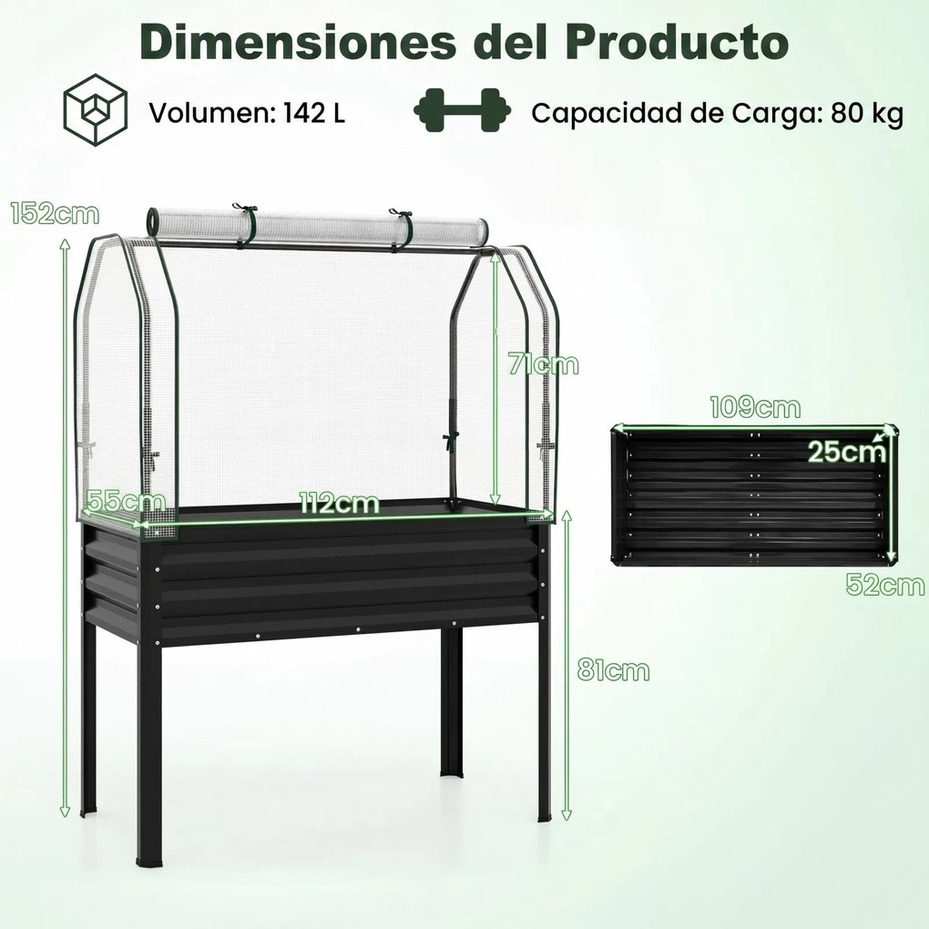 Floreira elevada com estufa 112 x 55 x 152 cm, canteiro de jardim em metal galvanizado com cobertura de proteção e porta enrolável para pátio, terraço