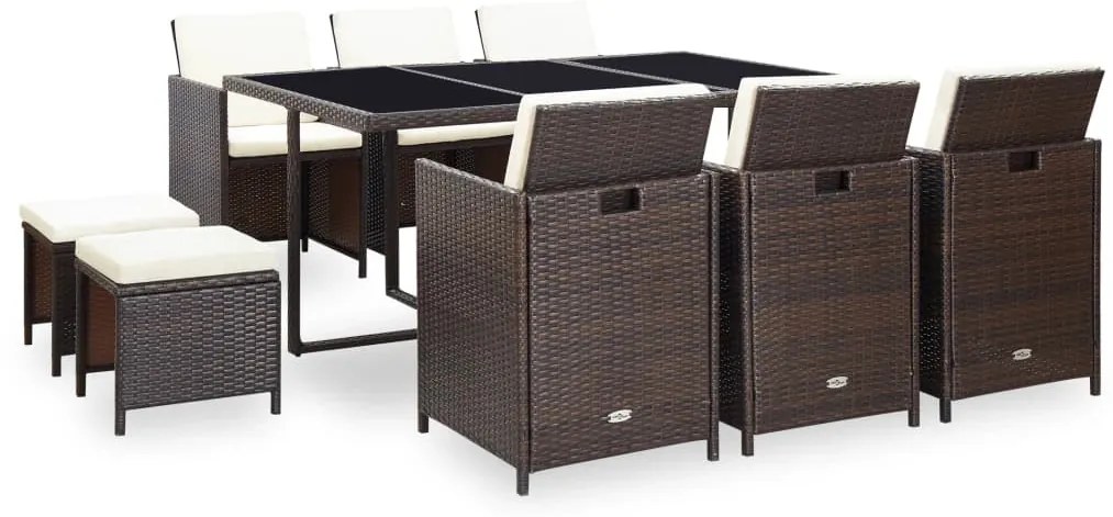 vidaXL 11 pcs conjunto jantar exterior com almofadões vime PE castanho