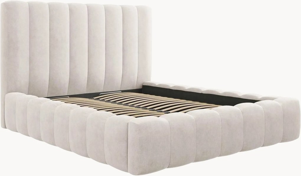 Cama estofada em chenille com arrumação Gina