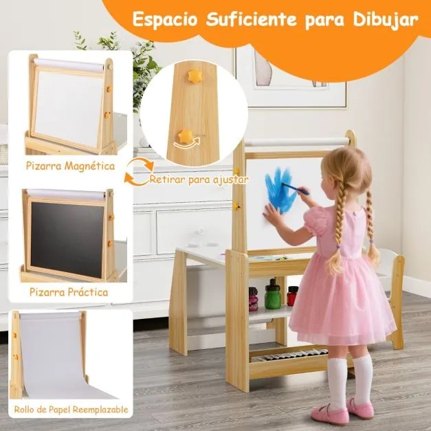 Conjunto de mesa e cadeira para crianças com 2 quadros, rolo de papel, copos para tinta, cavalete e cadeira multifuncional cor natural e branca