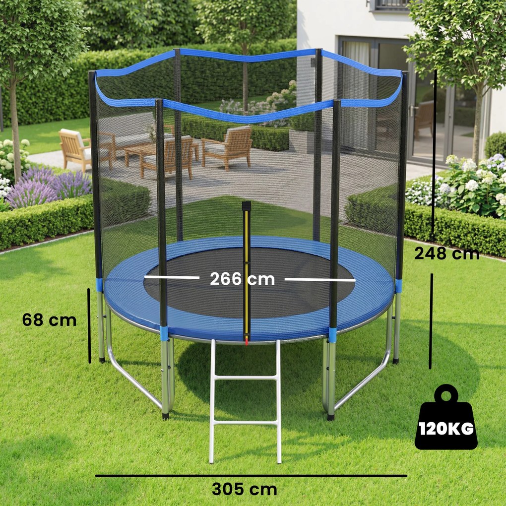 Trampolim para Crianças Exterior Ø305 cm com Rede de Segurança Escada Acolchoamento de Molas Azul