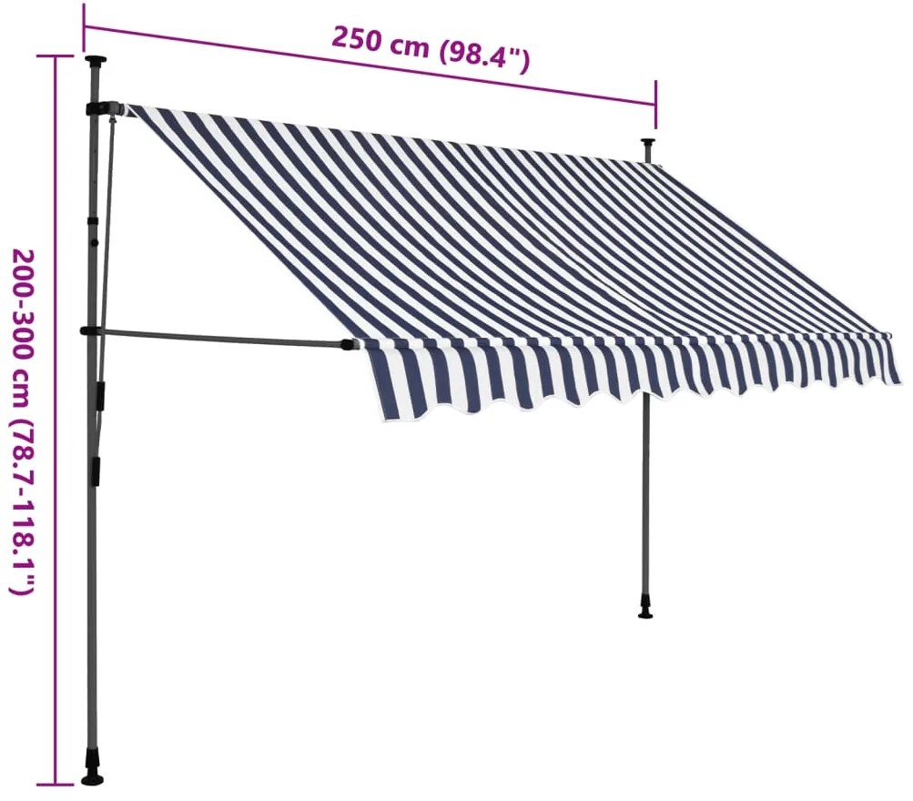 Toldo retrátil manual com LED 250 cm azul e branco
