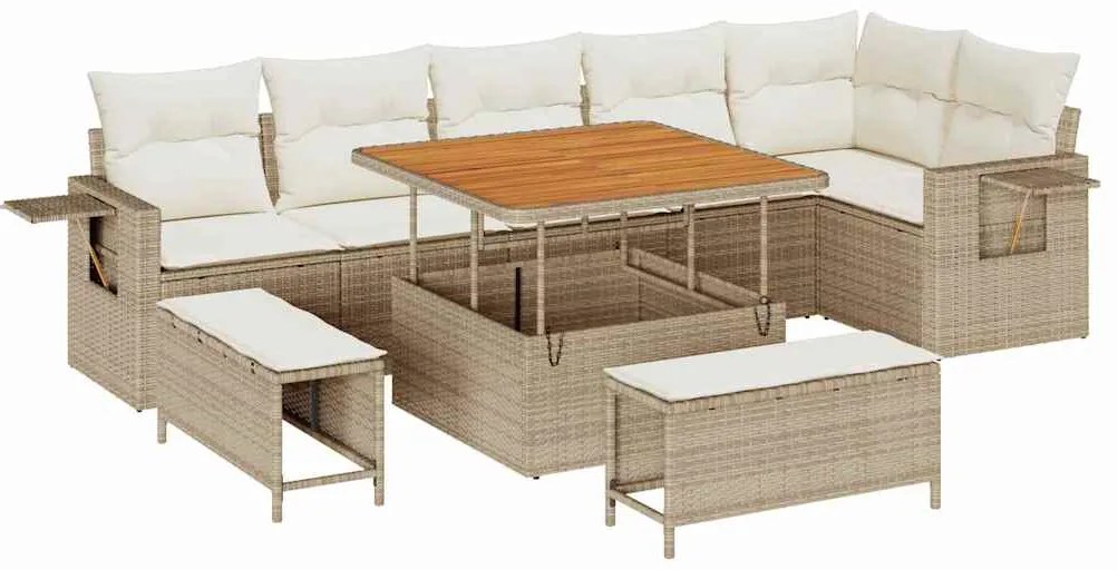 Conjunto de Sofás de Jardim com 9 Peças e Almofadas em Bege, Vime e Ac